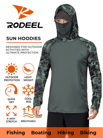 RODEEL Men's Hooded Outdoor Sports Sun Protection Clothing With Mask Neck Guard High Performance Fishing Shirt Camouflage Print Raglan Sleeves Sweat-Wicking Quick-Drying Breathable Long Sleeves Suitable For Beach, Boating, Hiking, Hunting, Water Sports