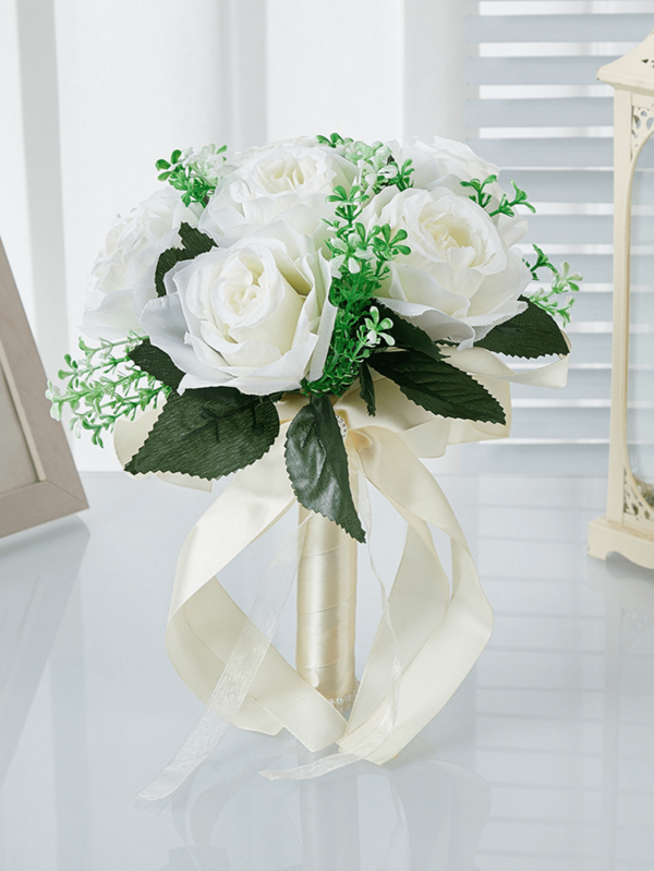 1 Stück Schleierkraut Rose Brautstrauß für Braut, weißer Brautstrauß, Kunstblumen Brautstrauß, Brautjungfern Bouquet mit Seidenband, Valentinstag, Dekoration Perle Spitze Mesh Rose Bouquet
