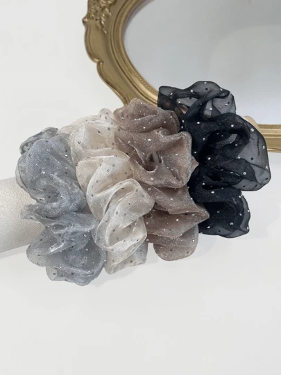 1/2/4pcs Hair Scrunchies, Women Rhinestone Mesh Hair Ties, Simple Ponytail & Bun Holders ,Scrunchy Head Accessories