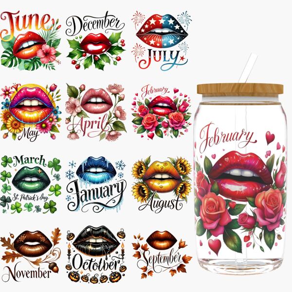 12PCS/SET UV DTF Transfer Stickers Lips Style UV DTF Cup Wrap Suitable For Glasses, Notebooks, Computers, Tables And Chairs, Etc. For DIY Creativity, High Viscosity UV DTF Cup Sticker(Glass Not Included), School Supplies,Back To School