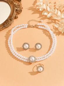 4pcs Fashionable & Elegant Faux Pearl Jewelry Set - Double Layer Necklace, Round Stud Earrings, Ring, Suitable For Women's Parties And Holidays
