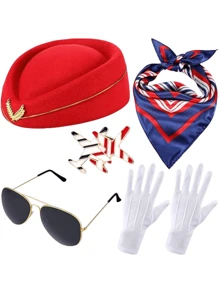 5 pièces Accessoires de costume d'hôtesse de l'air pour femmes, tenues d'hôtesse de l'air, chapeau, lunettes de soleil, foulard, gants pour Halloween