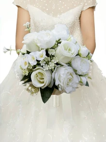 1 pièce Bouquet de mariage pour la mariée aux fleurs de Gypsophile roses, bouquet blanc pour la mariée, bouquet de fleurs artificielles pour le mariage, bouquet de demoiselle d'honneur avec ruban de soie, Saint-Valentin, décoration de bouquet de roses en perle, dentelle et maille