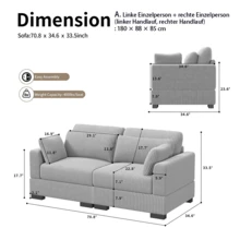 Loveseat Sofa, Modular Sofa, Corduroy Upholstered, With Removable Cushions And Backrest, Modern Sofa, Single Sofa, Footrest, Wide Armrests, Suitable For Living Room, Bedroom, Apartment, Beige/Grey - 灰色 - 查看 2
