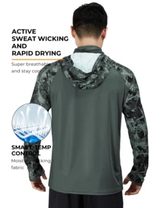 RODEEL 男士连帽户外运动防晒服带面罩颈护高性能钓鱼衬衫迷彩印花插肩袖吸汗速干透气长袖适合海滩、划船、徒步旅行、狩猎、水上运动 - 軍綠色 - 查看 3