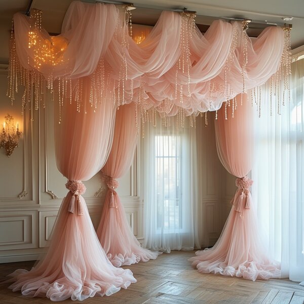 1pc Pink Stage Backdrop & Ceiling Decor Mesh Tulle, Birthday Party Background Decor Transparent Gauze Curtain, Wedding Arch Decor Sheer Voile, Dining Table Center Mesh Tulle Flag For Indoor/Outdoor Ceremony, Anniversary, Family Gathering, Birthday Party, Garden Tea Party To Create A Romantic Ambiance, Size: 70x300cm, 75x800cm, 160x1000cm, 160x1600cm (Length)