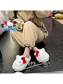 Sanrio زوج واحد من الأحذية المنزلية الكرتونية كيتي الناعمة، من قماش الفلانيل الناعم مبطن، قاعدة مانعة للانزلاق من مادة TPR، دافئة ومريحة، هدية عيد ميلاد جميلة، هدية عيد الحب الرومانسية.