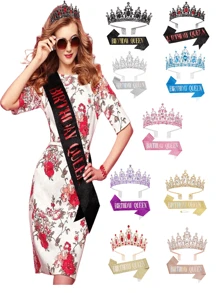 2pcs/Set Baroque Style Rhinestone Zinc Alloy Birthday Crown + Sash Suit, Suitable For Birthday Party, Birthday Queen Tiara Headpiece + Shoulder Strap Accessory