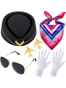 5 pièces Accessoires de costume d'hôtesse de l'air pour femmes, tenues d'hôtesse de l'air, chapeau, lunettes de soleil, foulard, gants pour Halloween