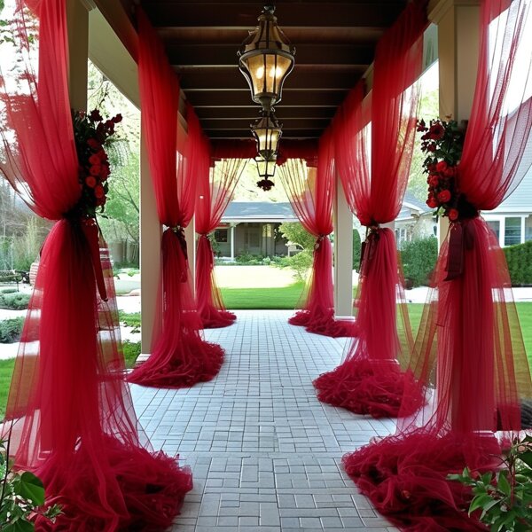 1pc Romantic Burgundy Polyester Tulle Wedding Backdrop Decor, Transparent Netting For Bridal Birthday Party, Wedding Arch Decoration, Sheer Table Runner, Privacy Protection, Suitable For Indoor And Outdoor Ceremonies, Birthday Parties, Engagement Dinners, Garden Afternoon Tea, Anniversary Celebrations, Family Gatherings To Create A Romantic Ambiance, Sizes: 75x300, 75x800, 160x1000, 160x1600