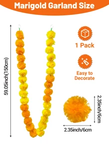 Marigold Garland For Decoration, 1 Pc Of 5 Feet Yellow Orange Long Artificial Marigold Flowers Strings Home Decoration For Pooja Diwali Wedding Mantle Decorations