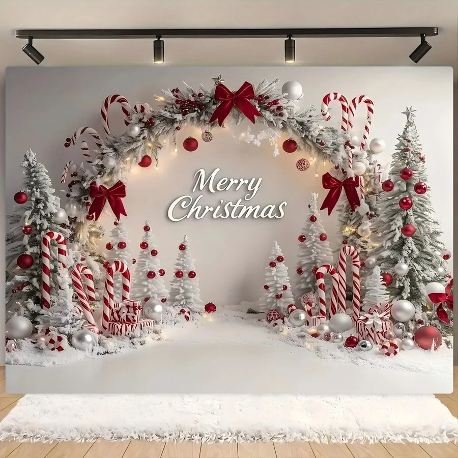 1pc Multi-Purpose Christmas Theme Backdrop Banner With Bow And Christmas Tree, Suitable For Christmas Party Decoration, Photo Booth Background, Garden Decor, Home Decor, Indoor And Outdoor Decoration