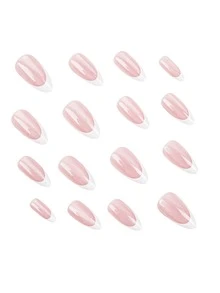 48pcs Medium Almond Classic Glitter French Style Cat Eye Simple Elegant Solid Color Bling Glossy Greenish Full Cover Fake Press On Nail Kit For Women And Girls Suitability Daily