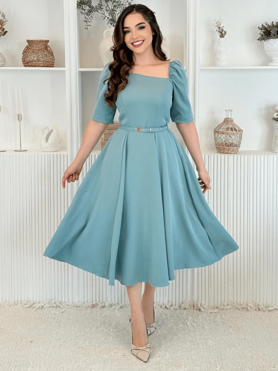 Loose Midi Dress With Princess Sleeves, Tailored Social Party Guest - 綠色 - 查看 1