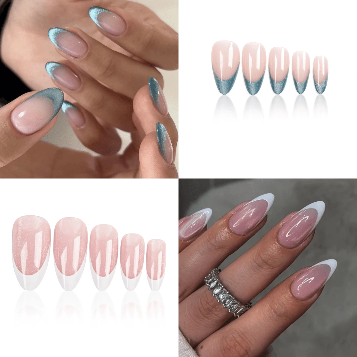 48pcs Medium Almond Classic Glitter French Style Cat Eye Simple Elegant Solid Color Bling Glossy Greenish Full Cover Fake Press On Nail Kit For Women And Girls Suitability Daily