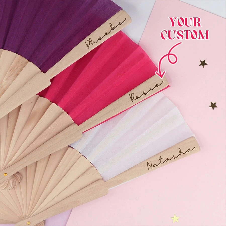 Personalised Wooden Wedding Fan - Custom Engraved Bridesmaid Gift For Summer Weddings, Monogrammed Keepsake For Bride/Mother Of Bride/Maid Of Honour - Handheld Bridal Party Fan With Names (Natural Wood, Gift Box)