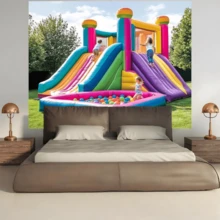 1 件 2D 活力充气游乐场背景 - 彩色 2D 平面充气城堡，适合室内/室外派对、照相亭和活动，易于悬挂，非常适合生日、周年纪念、庆典、生日派对装饰 - 彩色 - 查看 3