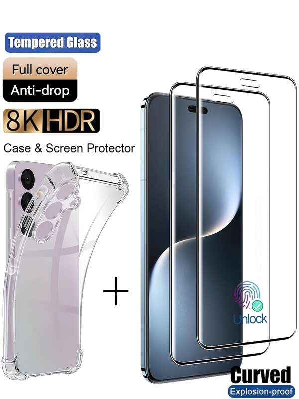 3-In-1 Set: 2pcs 3D Curved Tempered Glass Screen Protector + 1pc Shockproof Transparent Phone Case, Compatible With Samsung Galaxy///Redmi/Honor///Realme/OPPO/VIVO/OnePlus. No Bubbles, Easy To Stand, Firm And Not Falling Off. Supports Fingerprint Unlocking, Durable And Not Fragile. Full Coverage, Touch Sensitive, Easy To Install, High-Definition Glossy Surface, Explosion-Proof, Automatic Adsorption, High Hardness. Gift For Birthday, Family, Friends Phone Screen Protector, Phone Accessories