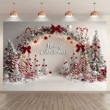 1pc Multi-Purpose Christmas Theme Backdrop Banner With Bow And Christmas Tree, Suitable For Christmas Party Decoration, Photo Booth Background, Garden Decor, Home Decor, Indoor And Outdoor Decoration