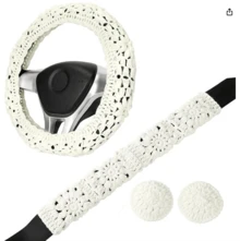 Handmade Crochet White Steering Wheel Cover And Seat Belt Cover Car Decor Set Interior Decoration - 均碼 - 查看 1