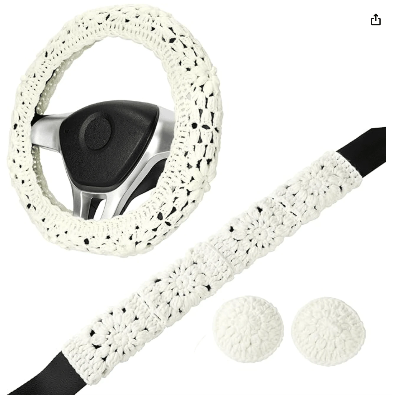 Handmade Crochet White Steering Wheel Cover And Seat Belt Cover Car Decor Set Interior Decoration - 均碼 - 查看 1