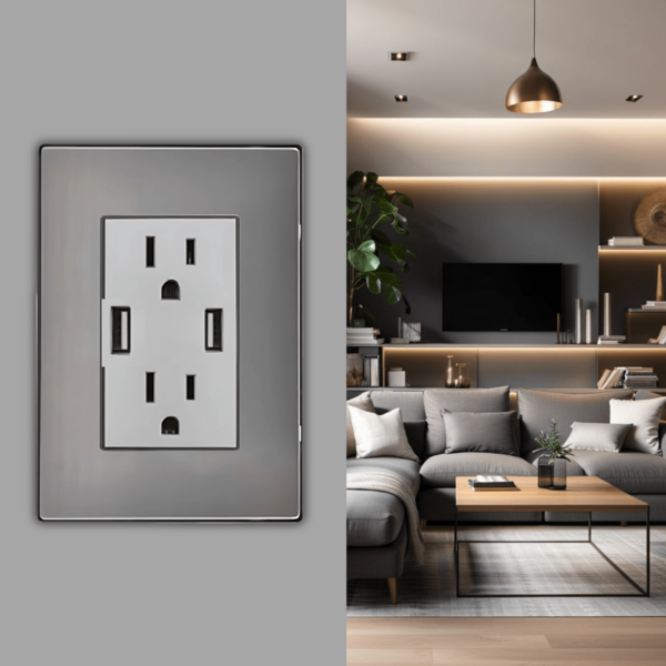 Placa Contacto Doble Con 2 Puertos USB Dúplex de 24A Resistente a Manipulaciones, Doble Contacto Normal y USB de Alta Velocidad, Diseño Moderno y Elegante