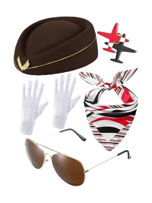 5 pièces Accessoires de costume d'hôtesse de l'air pour femmes, tenues d'hôtesse de l'air, chapeau, lunettes de soleil, foulard, gants pour Halloween