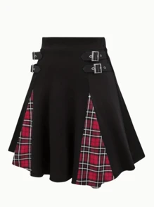 New Women Fashion Casual Decorated Skirt, Versatile Elegant High Waist Gothic Plaid Mini Skirt For Daily, Office, Outdoor, Holiday Wear. Knit Polyester Material, Suitable For Spring Summer Autumn Seasons, Women Apparel