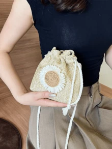 4款手工编织花朵斜挎包，迷你草编向日葵图案拉链钥匙扣包，便携式草编手提包，沙滩包，迷你草编斜挎包，可爱手提包和零钱包 - 趣味配饰，耐用拉链，适合海滩、旅行、度假和日常通勤，送给女朋友、母亲节、生日、周年纪念日的绝佳礼物（4款可选） - 彩色 - 查看 5