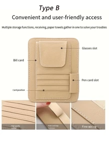 1pc Car Sun Visor Storage Bag, Leather Zippered Organizer Pouch, Multi-Function Card Holder, Suitable For Men And Women