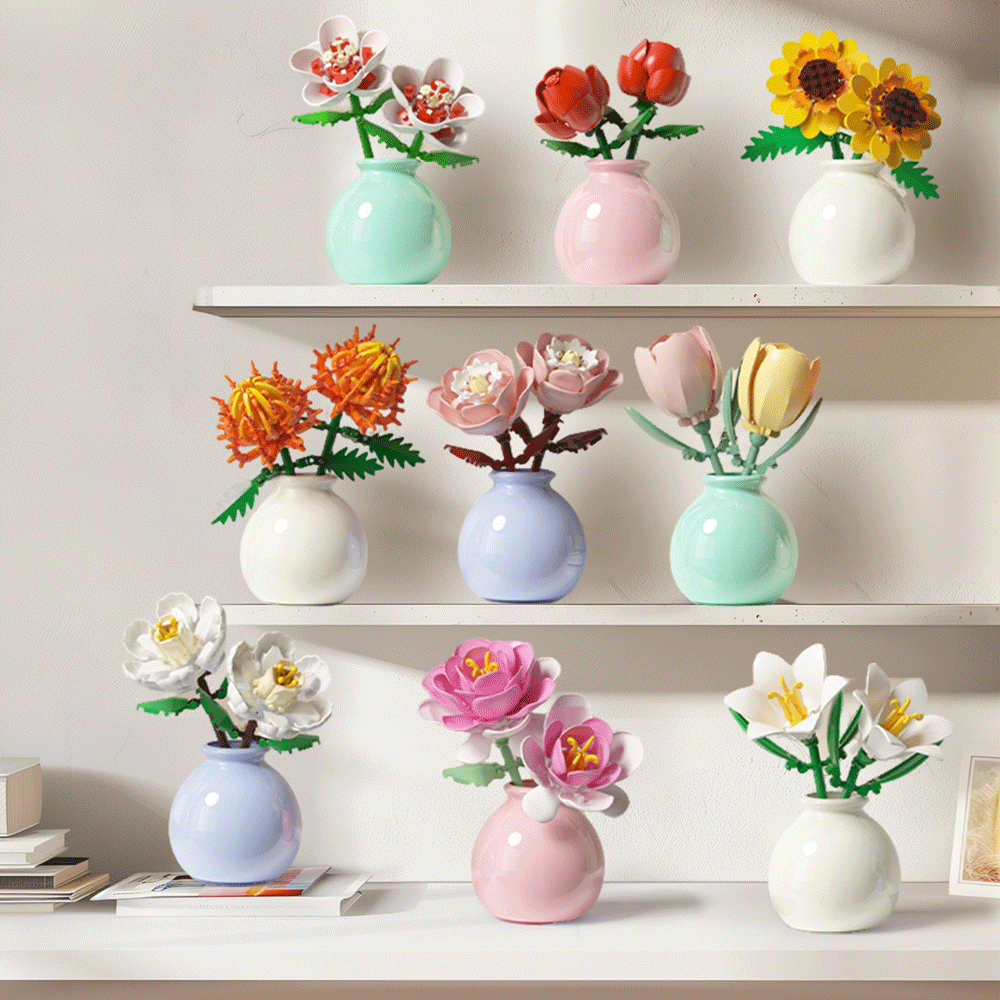 9 pièces Mini fleurs en blocs de construction (846 pièces), assemblage DIY, fleurs réalistes, décorations pour la maison/le bureau, pièces d'exposition, convient comme cadeau créatif pour les amis, les anniversaires, la Saint-Valentin, les mariages