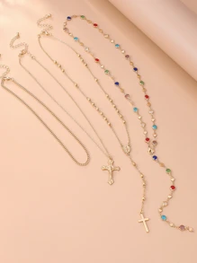4/3/1 Set modischer, sexy, übertriebener vintage Kreuz, Seestern, Blumen, bunte Perlenimitation, Kristall-Geometrie-Muster Kupfer-Halsketten-Set für Frauen, Strand, Date, Party, Geschenke, alltägliches Styling