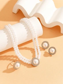 4pcs Fashionable & Elegant Faux Pearl Jewelry Set - Double Layer Necklace, Round Stud Earrings, Ring, Suitable For Women's Parties And Holidays