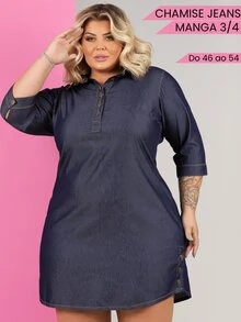 Taue Jeans Women's Plus Size Jeans Shirt Dress 3/4 Sleeve Denim Shirt Dress With Buttons - 深色牛仔褲 - 查看 1