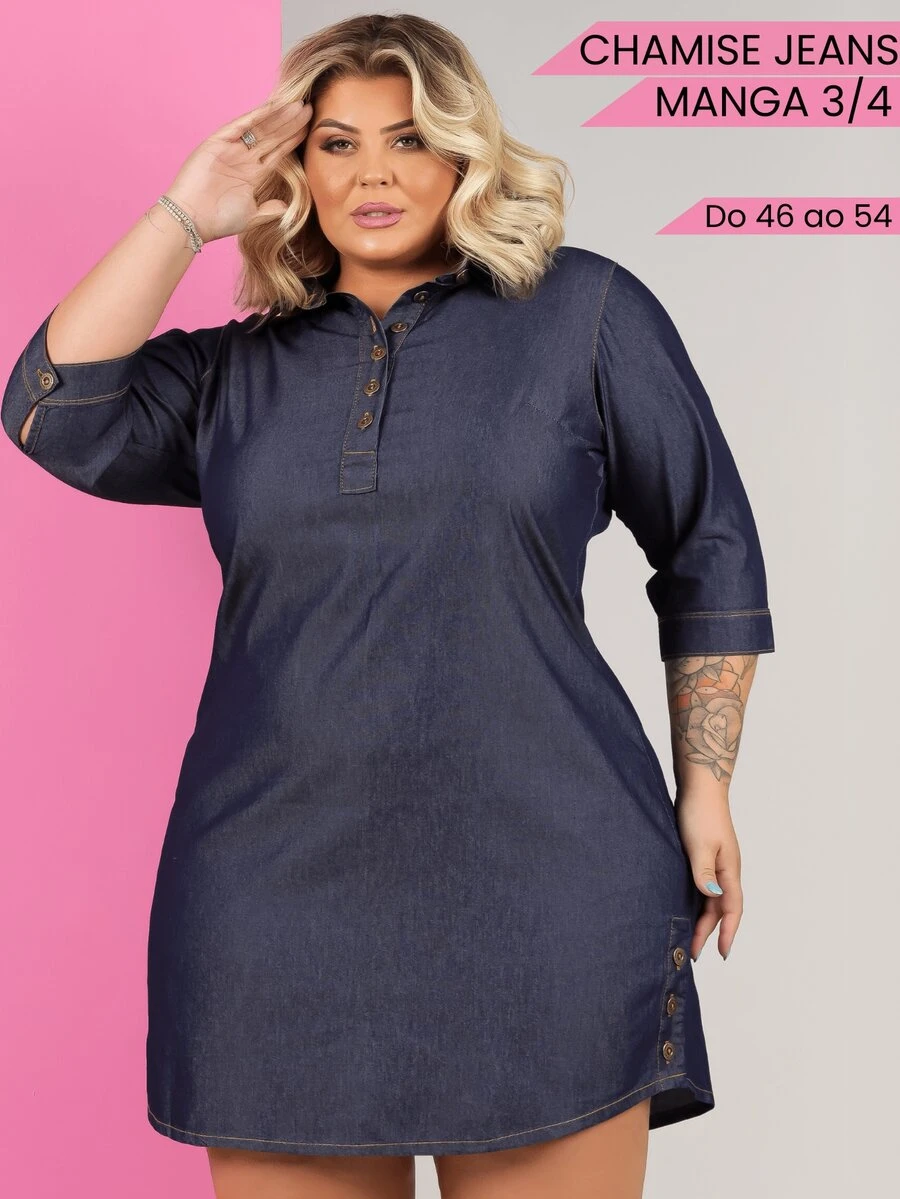 Taue Jeans Women's Plus Size Jeans Shirt Dress 3/4 Sleeve Denim Shirt Dress With Buttons - 深色牛仔褲 - 查看 1