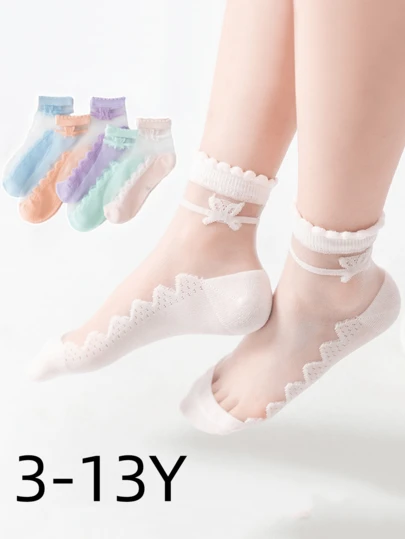 5双装儿童夏季薄袜，超薄冰丝短袜，春夏中筒袜，女童蝴蝶结袜，夏季玻璃纤维水晶丝袜，低帮防滑蕾丝公主袜，儿童节礼物