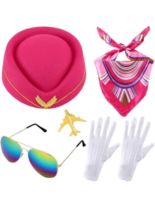 5 pièces Accessoires de costume d'hôtesse de l'air pour femmes, tenues d'hôtesse de l'air, chapeau, lunettes de soleil, foulard, gants pour Halloween