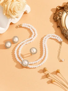 4pcs Fashionable & Elegant Faux Pearl Jewelry Set - Double Layer Necklace, Round Stud Earrings, Ring, Suitable For Women's Parties And Holidays