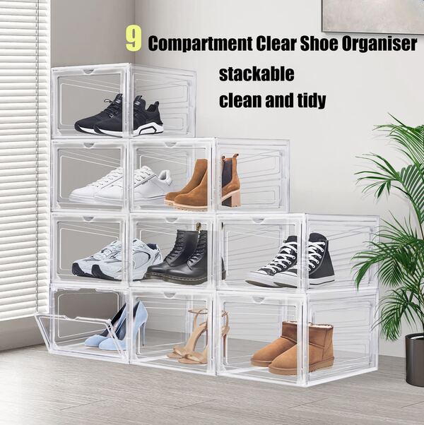 Royalswill 9-Compartment Transparent Dustproof Shoe Box Storage Box, Stackable Transparent Shoe Box Storage Box, Convenient Shoe Cabinet, Shoe Storage Box, Plastic Storage Box Suitable For Home/Office Use