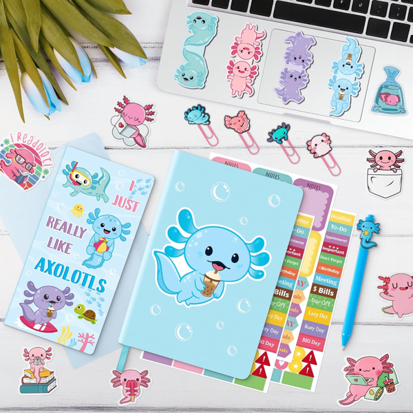 Axolotl Notebook Sticky Notes Stationery Set For Back To School Gift, Includes Hardcover Notebook With Sticker Sticky Notes Clips Bookmarks Stickers Gift Box Kit For Office School Students Stationery Supplies