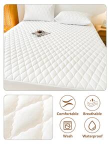 1pc Solid Color Waterproof Mattress Protector (Without Pillowcase), Quilted Fitted Sheet Protector For Queen Or King Bed, Gray/White - White - View 3