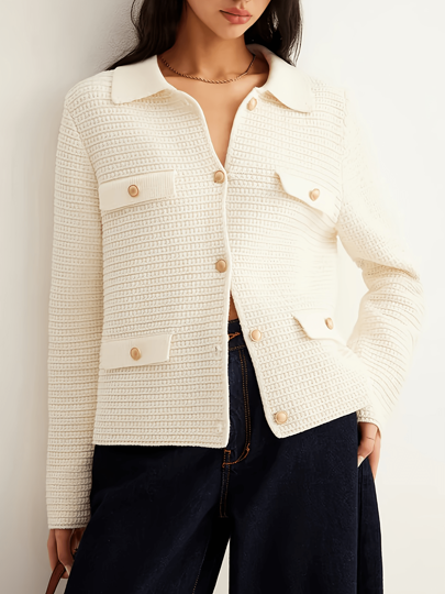 Cardigan de malha feminino elegante, casual, quente e confortável, cor sólida, estilo minimalista de alta qualidade, cardigan de malha com design moderno e fecho de botão frontal, estilo retrô, moda urbana feminina