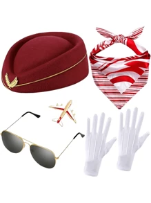 5 pièces Accessoires de costume d'hôtesse de l'air pour femmes, tenues d'hôtesse de l'air, chapeau, lunettes de soleil, foulard, gants pour Halloween
