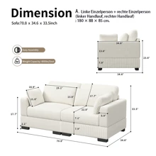 Sofá loveseat, sofá modular, tapizado en pana, con cojines y respaldo desenfundables, sofá moderno, sofá individual, reposapiés, reposabrazos anchos, adecuado para salón, dormitorio, apartamento, beige/gris
