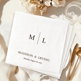 20–500 Pcs Custom Wedding Napkins, 3-Ply Monogram Personalized Cocktail Napkin For Bachelorette, Anniversary, Engagement Party – Disposable Beverage/Dessert Napkins For Couples, Girls Night, Wedding Table Decor, Christmas Party Decor,Fall Decor