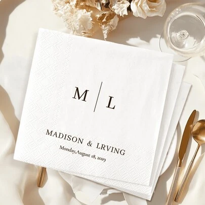 20–500 Pcs Custom Wedding Napkins, 3-Ply Monogram Personalized Cocktail Napkin For Bachelorette, Anniversary, Engagement Party – Disposable Beverage/Dessert Napkins For Couples, Girls Night, Wedding Table Decor, Christmas Party Decor, Fall Decor, Office Decor, Elegant Living