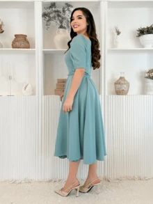 Loose Midi Dress With Princess Sleeves, Tailored Social Party Guest - 綠色 - 查看 2
