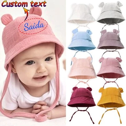 Customized Text Baby Solid Color Muslin Bucket Hat, Infant Fashion Rabbit Ear Bucket Hat, Kids Sun Protection Hat