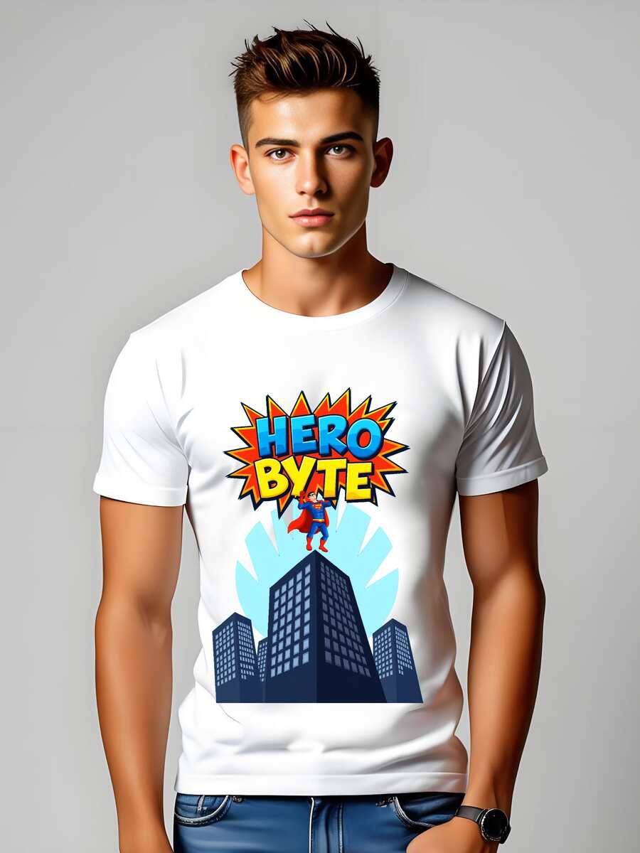 Hero Byte Comic Book Style T-Shirt - Superhero Graphic Tee - White - View 1