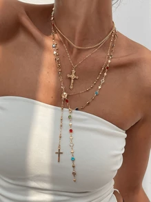 4/3/1 Set modischer, sexy, übertriebener vintage Kreuz, Seestern, Blumen, bunte Perlenimitation, Kristall-Geometrie-Muster Kupfer-Halsketten-Set für Frauen, Strand, Date, Party, Geschenke, alltägliches Styling